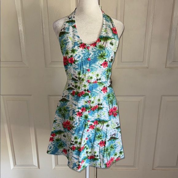 NWT Sourpuss Tropical Island Print Halter Neck Mini Dress - Picture 1 of 7